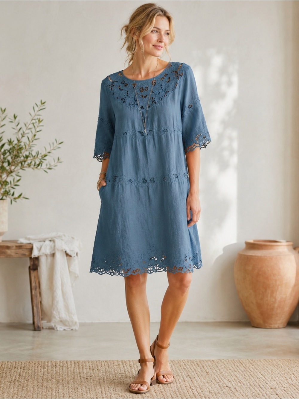 Sundance Blue Gray Embroidered Ramie Shift Dress XXL Boho Cutwork Lace Feminine